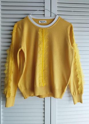 Желтый свитпер, пуловер с кружевом, кофта