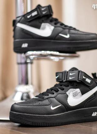 Распродажа! nike air force 1 mid кроссовки женские высокие черные с белым найм/форс весенние демисезонные демисезон осенние кожа кожа кожа кожа