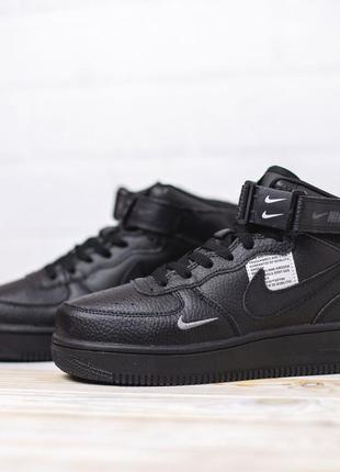 Распродажа! nike air force 1 mid кроссовки женские черные кожаные кожа отличное качество весенние осенние демисезонные наймфорс высокие на липучке8 фото