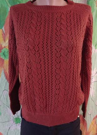 Брендовый вязаный узорный теплый из натуральной ткани свитер кирпичного цвета