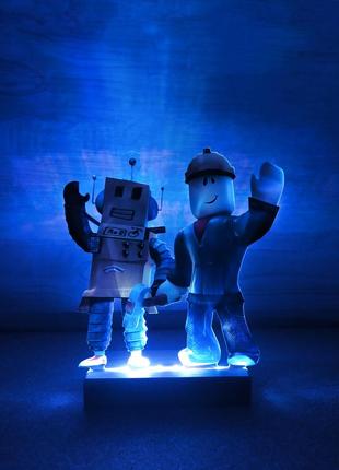 Вав! детский ночник-светильник "роблокс робот и строитель" с настройкой света (дизайн 26, чёрная подставка)4 фото