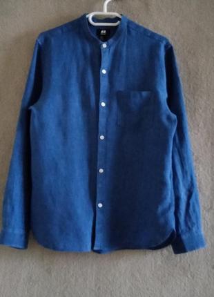 H&m. синяя льняная рубашка. р. м.3 фото