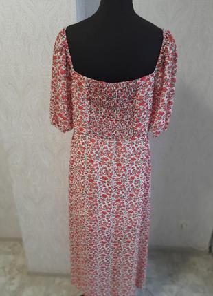 Цветочное шифоновое платье с пышным рукавом, квадратным вырезом и разрезом!7 фото