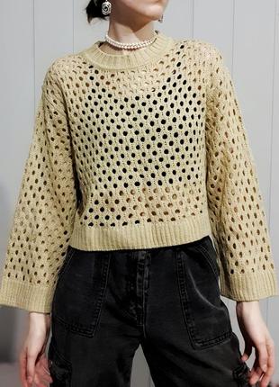 Укороченный свитер в крупную сетку h&m вязаный песочного бежевого цвета с широкими рукавами y2k ретро винтаж1 фото