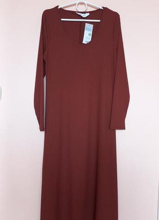 Терракотовое платье в рубчик, эластичное платье миди, платье мыда в рубчик 46-50 г.