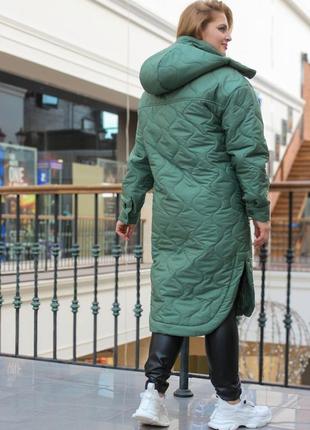 Длинное зеленое пальто на кнопках с утеплителем еврозима, больших размеров от 48 до 604 фото