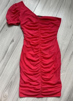 Сукня сітка на одне плече рожева по фігурі плаття облягаюче1 фото