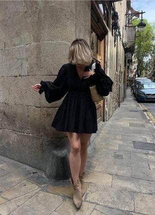 Чорна міні сукня з льону7 фото