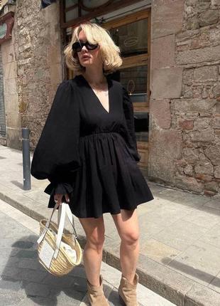 Чорна міні сукня з льону8 фото