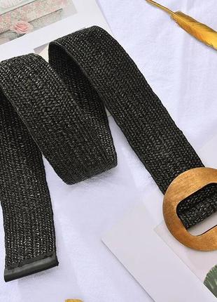 Пояс чорний бохо плетений ремінь як солом'яний широкий дерев'яна пряжка кругла2 фото