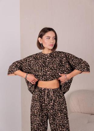 Леопардовый женский спортивный костюм оверсайз свободного кроя женский прогулочный повседневный костюм штаны палаццо футболка трехнитка5 фото
