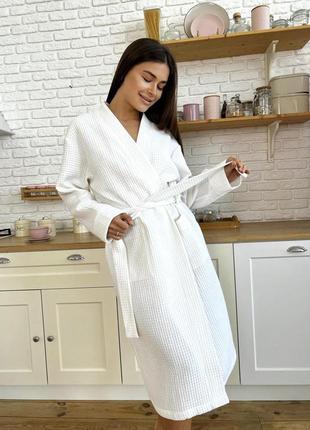 Жіночий вафельний халат кімоно білий довгий лазневий халат із заходом із вафельної тканини
