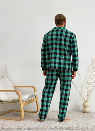 Чоловіча піжама в клітинку зелено чорна домашня чоловіча піжамна комплект із фланелі штани та сорочка2 фото