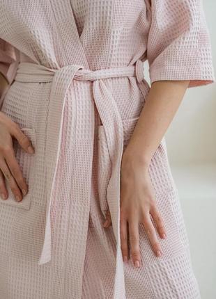 Женский вафельный халат кимоно пудровый банный халат на запах с вафельной ткани7 фото