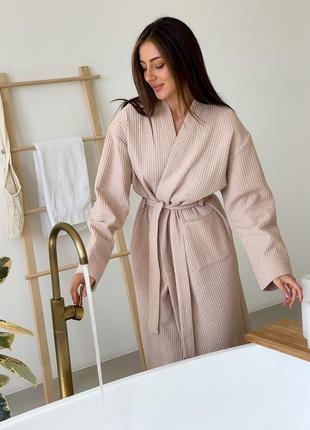 Женский вафельный халат кимоно бежевый длинный банный халат на запах с вафельной ткани6 фото