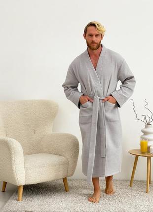 Мужской вафельный халат серый на запах банный халат для мужчин с вафельной ткани2 фото