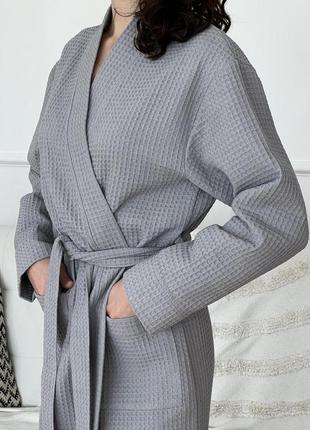 Халат женский вафельный кимоно серый длинный банный халат на запах с вафельной ткани3 фото