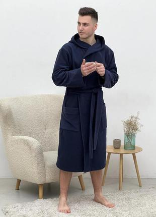Чоловічий флісовий халат із капюшоном темно-синій теплий халат для чоловіків із флісу