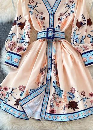 Розовое персиковое женское платье мини с орнаментом женское короткое платье вышиванка женское платье на пуговицах с орнаментом софт7 фото