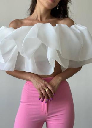 Женская блуза топ с воланами, из органзы, объемный, с открытыми плечами, многослойный топ, софт, на резинке1 фото