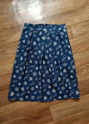 Женская джинсовая юбка миди с вытачками/морской принт.1 фото