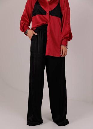 Червоний чорний жіночий шовковий костюм оверсайз вільного крою жіночий брючний костюм широкі штани палаццо сорочка з імітацією бюстгальтеру шовк4 фото