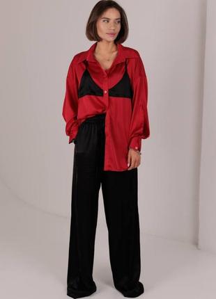 Червоний чорний жіночий шовковий костюм оверсайз вільного крою жіночий брючний костюм широкі штани палаццо сорочка з імітацією бюстгальтеру шовк1 фото