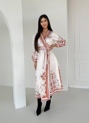 Бежева молочна помаранчева жіноча сукня міді з орнаментом жіноча довга сукня вишиванка на запах жіноча сукня з орнаментом софт1 фото