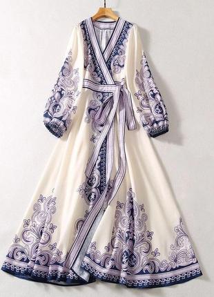 Бежева молочна помаранчева жіноча сукня міді з орнаментом жіноча довга сукня вишиванка на запах жіноча сукня з орнаментом софт3 фото