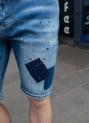 Шорты джинсовые синие мужские с ляпками краски и заплатками. бренд "dsquared2" slim4 фото