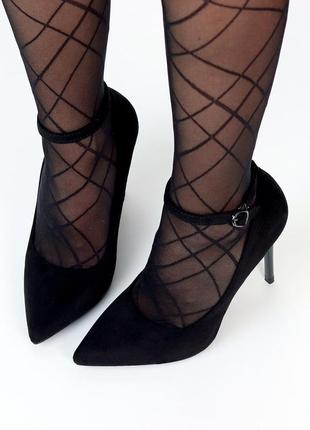 Черные классические замш туфли лодочки острый носок заколка с ремешками5 фото
