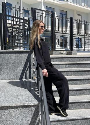 Черный женский повседневный костюм тройка штаны палаццо майка рубашка свободного кроя женский прогулочный костюм4 фото