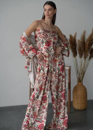 Женский шелковый брючный костюм оверсайз свободного кроя широкие брюки палаццо топ рубашка в цветочный принт прогулочный костюм в цветы с банданой6 фото