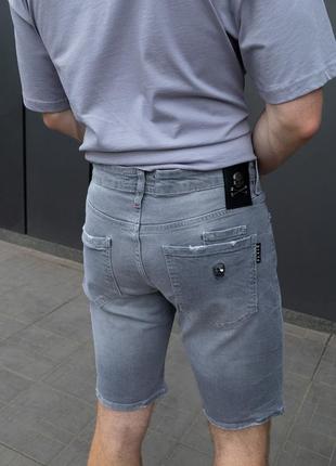 Шорты мужские серые джинсовые брендовые. philipp plein. с металлическим черепом на поясе сзади!3 фото