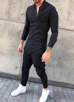 Мужская рубашка удлиненная черная турция