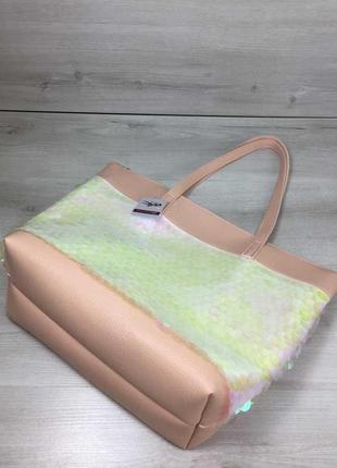 Женская сумка лейла пудрового цвета с пайетками в виде шариков3 фото