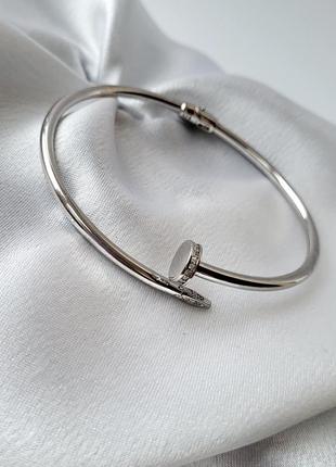 Серебряный браслет женский гвоздь с белыми камнями 18 см серебро 925 пробы родированное 3003р 8.85г