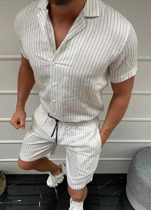 Чоловічий білий літній комплект, шорти + сорочка з коротким рукавом, туреччина