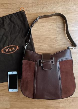 Сумка, сумочка tods, tod's double t brown leather & suede small hobo bag1 фото