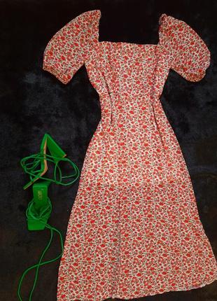 Цветочное платье с объемным рукавом, разрезом и квадратным декольте!1 фото