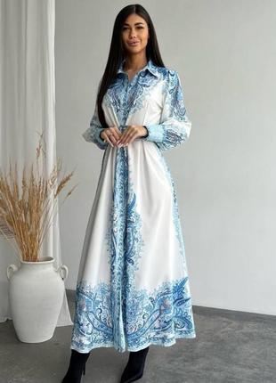 Белое голубое женское платье миди с орнаментом женское длинное платье вышиванка женское платье на пуговицах с орнаментом софт с поясом1 фото