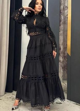 Чорний жіночий мережевний костюм топ блуза довга спідниця жіночий святковий костюм спідниця міді блузка мереживо