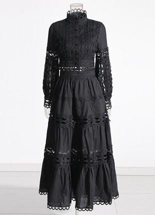 Черный женский сетевой костюм топ блуза длинная юбка женский праздничный костюм юбка миди блузка кружево7 фото