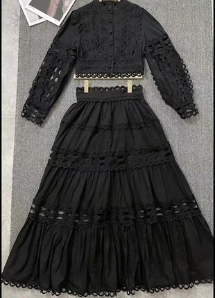 Чорний жіночий мережевний костюм топ блуза довга спідниця жіночий святковий костюм спідниця міді блузка мереживо8 фото