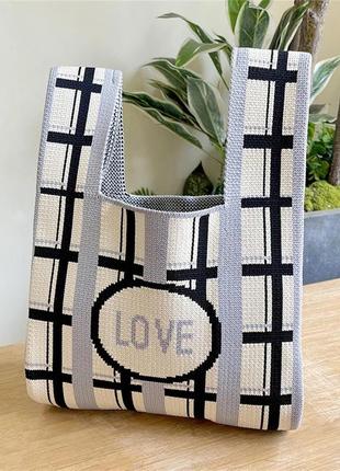 Тренд стильна чорно біла графічний принт жіноча в'язана текстильна сумка шопер