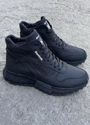 Мужские кожаные ботинки черные reebok утепленные зимние высокие из натуральной кожи с натуральным мехом3 фото