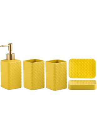 Комплект керамічних аксесуарів для ванни: дозатор, мильниця, стакани жовтого кольору2 фото
