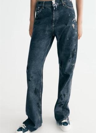 Женские синие джинсы широкие свободные wide leg baggy пятна краски zara широтое свободное джинсы жэнкие синее1 фото