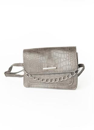 Сумка женская из искусственной кожи "под крокодила", с цепочкой и ремешком, маленькая сумочка клатч, серый2 фото