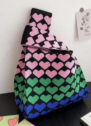 Тренд стильна жіноча в'язана текстильна сумка шопер графічний принт серце